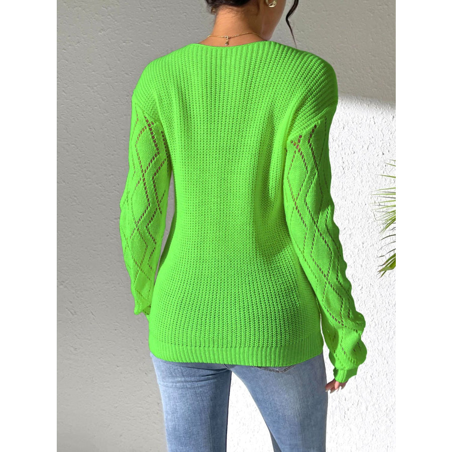 Openwork V-Neck Long Sleeve Sweater Apparel and Accessories