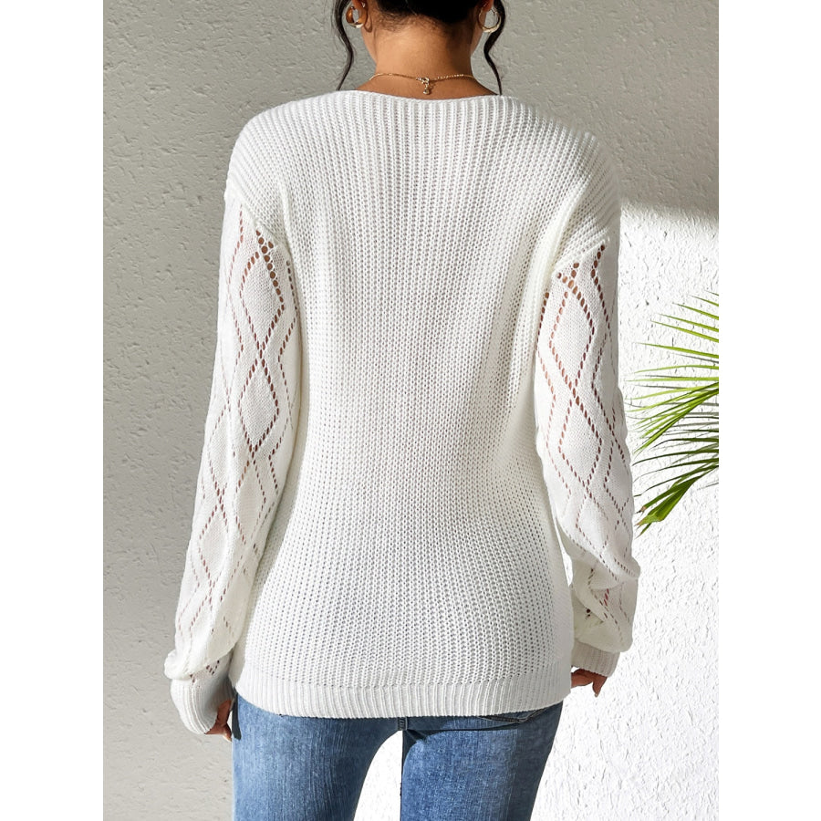 Openwork V-Neck Long Sleeve Sweater Apparel and Accessories