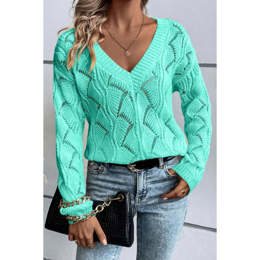 Openwork V-Neck Long Sleeve Sweater Apparel and Accessories