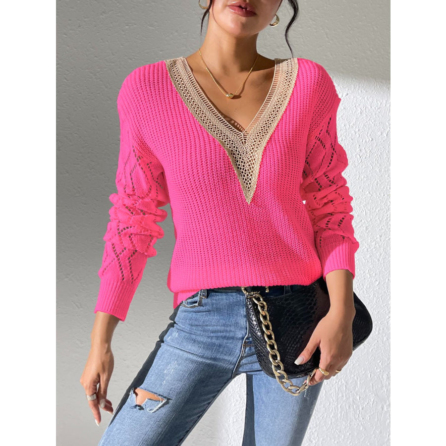 Openwork V-Neck Long Sleeve Sweater Apparel and Accessories