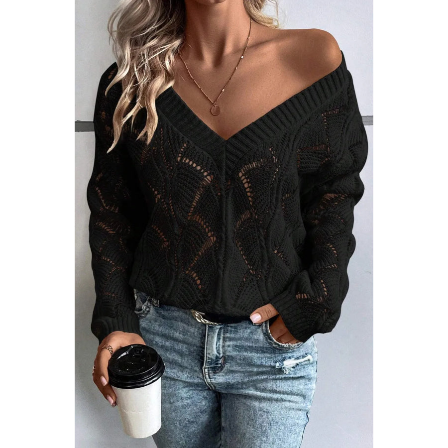 Openwork V-Neck Long Sleeve Sweater Apparel and Accessories