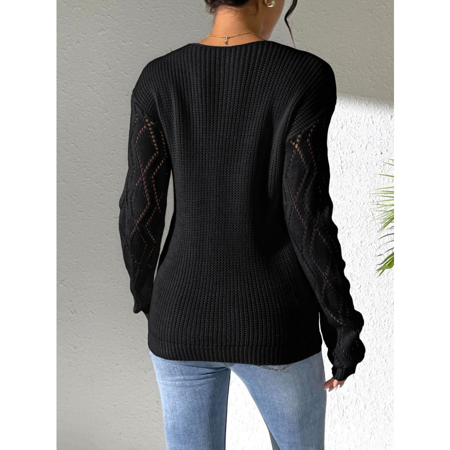 Openwork V-Neck Long Sleeve Sweater Apparel and Accessories