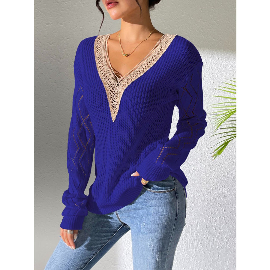 Openwork V-Neck Long Sleeve Sweater Apparel and Accessories