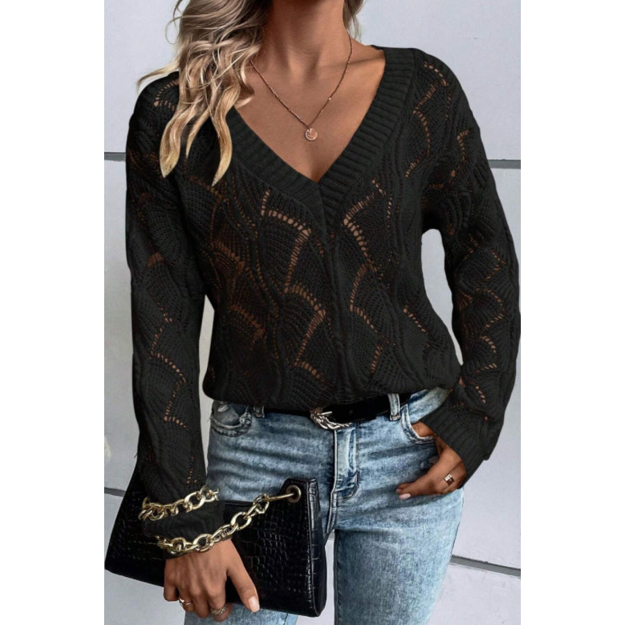 Openwork V-Neck Long Sleeve Sweater Apparel and Accessories