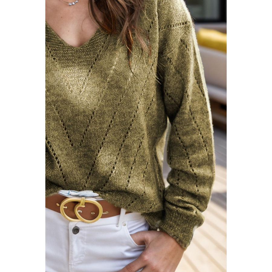 Openwork V-Neck Long Sleeve Sweater Apparel and Accessories