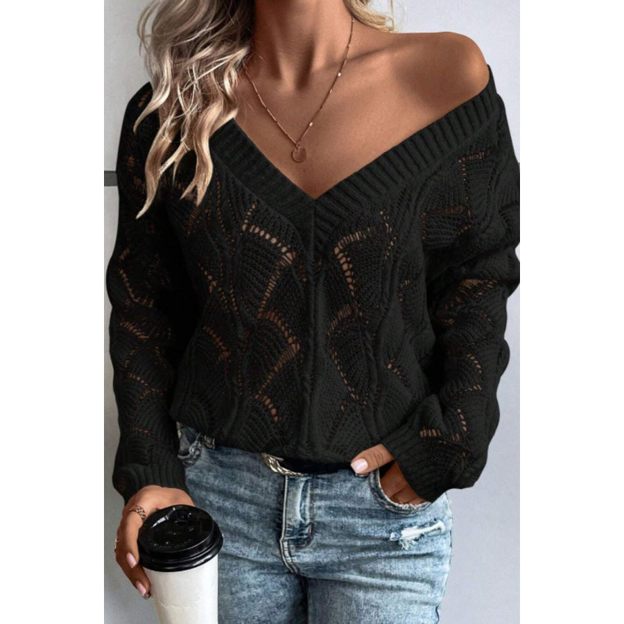 Openwork V-Neck Long Sleeve Sweater Apparel and Accessories