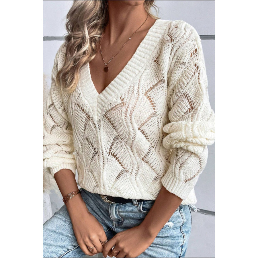 Openwork V-Neck Long Sleeve Sweater Apparel and Accessories