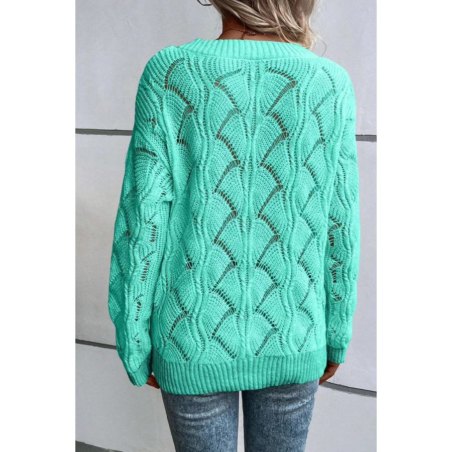 Openwork V-Neck Long Sleeve Sweater Apparel and Accessories