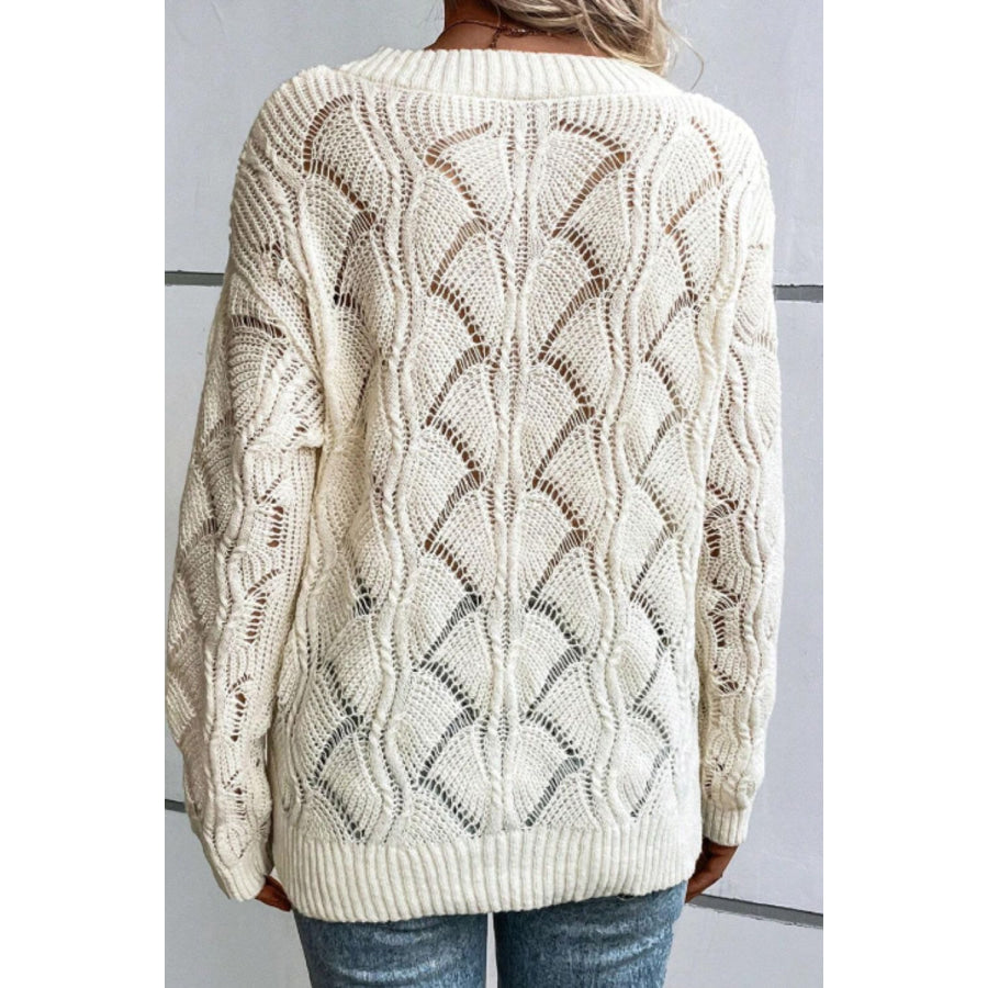 Openwork V-Neck Long Sleeve Sweater Apparel and Accessories