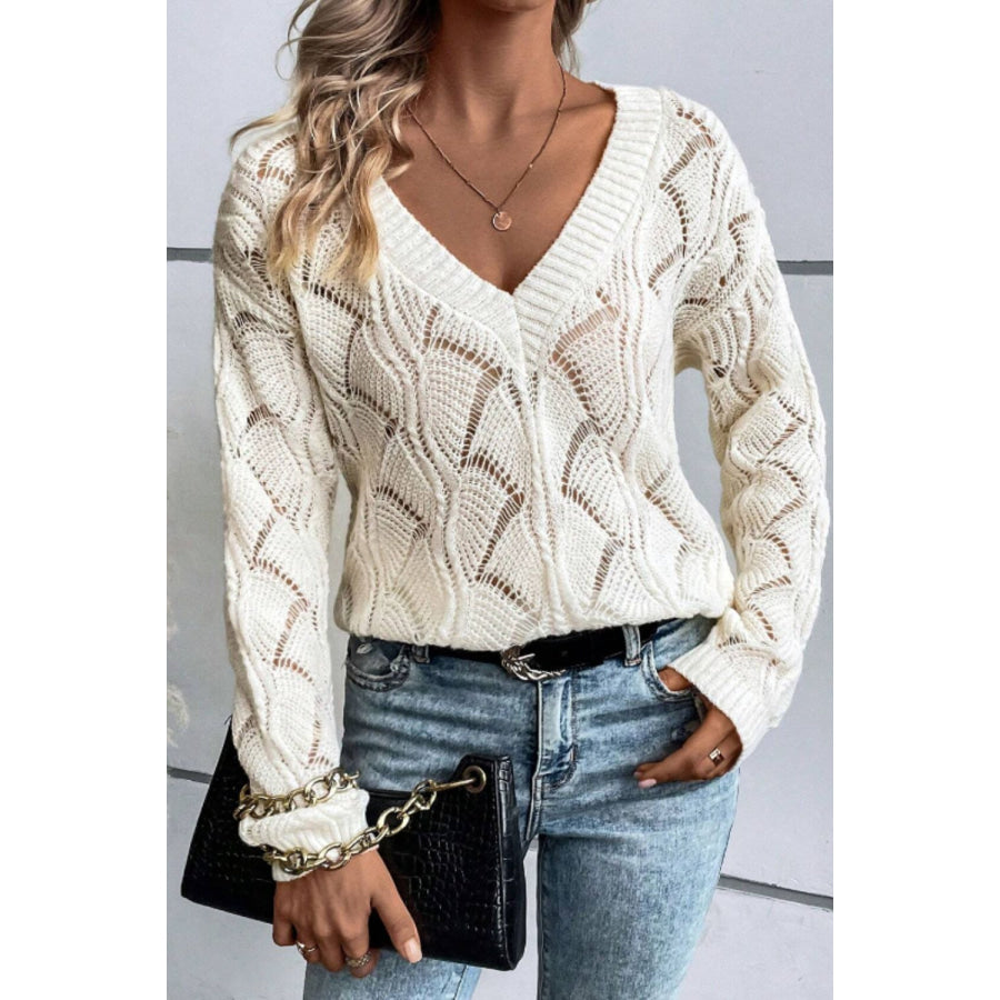 Openwork V-Neck Long Sleeve Sweater Apparel and Accessories