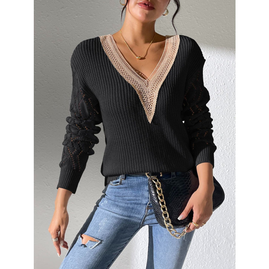 Openwork V-Neck Long Sleeve Sweater Black / S Apparel and Accessories