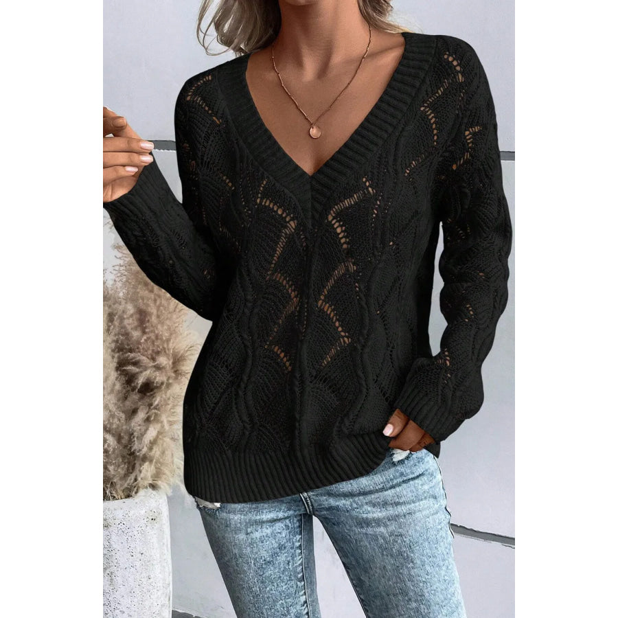 Openwork V-Neck Long Sleeve Sweater Black / S Apparel and Accessories