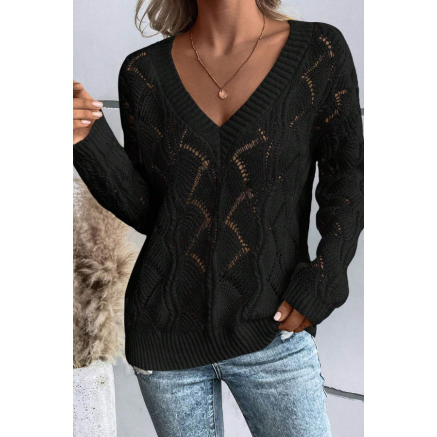 Openwork V-Neck Long Sleeve Sweater Black / S Apparel and Accessories