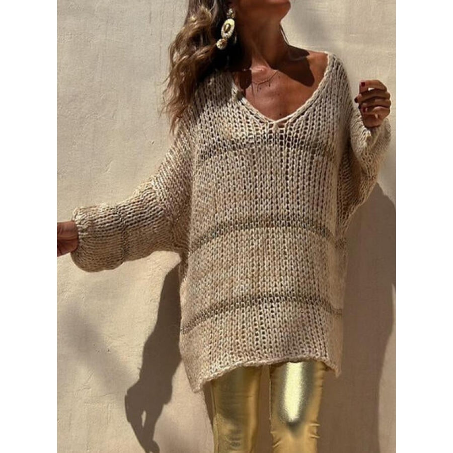 Openwork V-Neck Long Sleeve Sweater Clothing