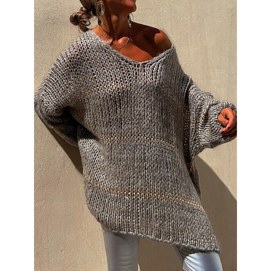 Openwork V-Neck Long Sleeve Sweater Clothing