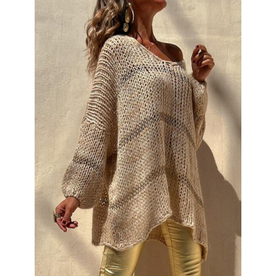 Openwork V-Neck Long Sleeve Sweater Pastel Yellow / S/M Clothing