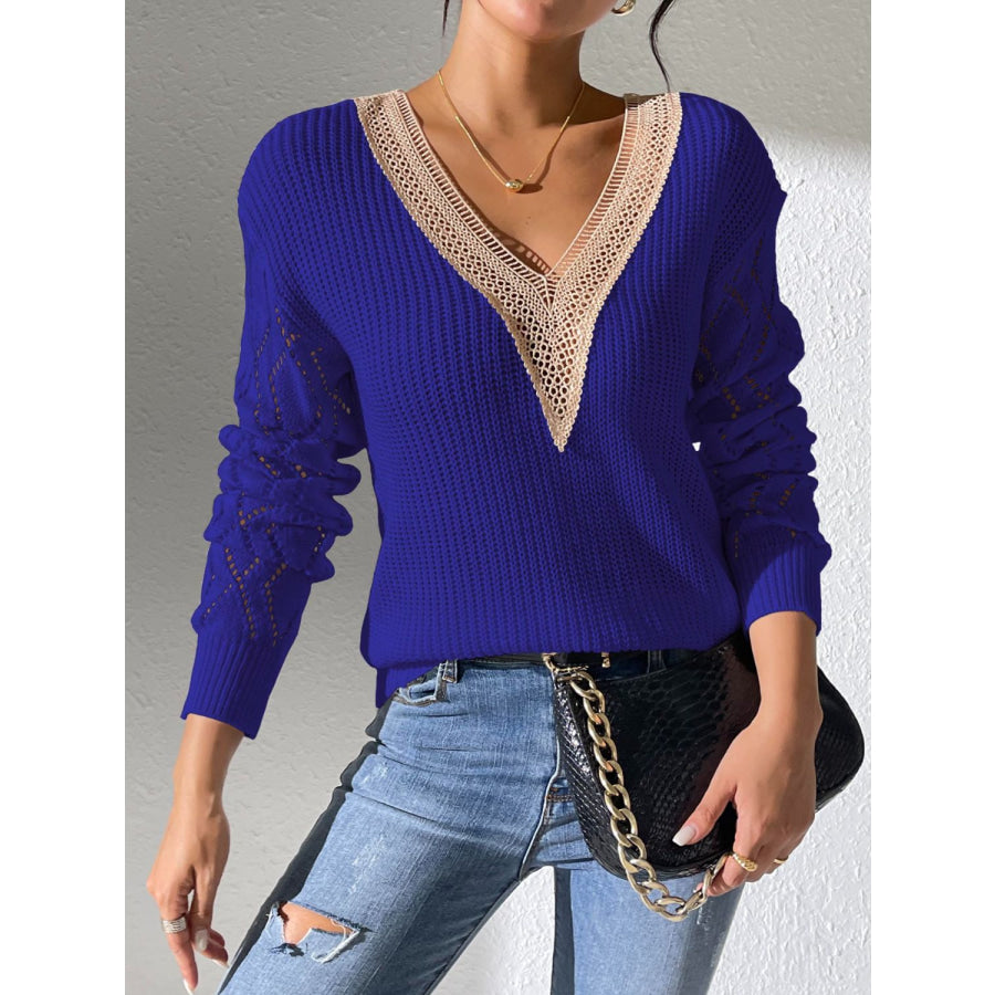 Openwork V-Neck Long Sleeve Sweater Dark Blue / S Apparel and Accessories