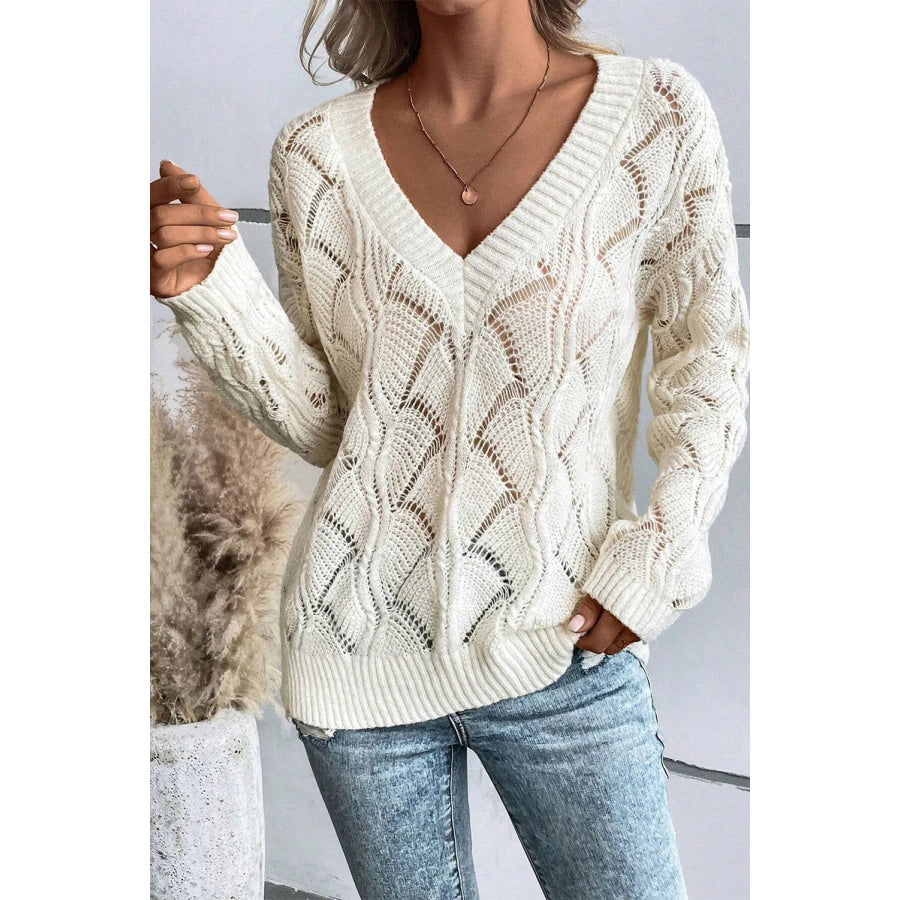 Openwork V-Neck Long Sleeve Sweater Ivory / S Apparel and Accessories