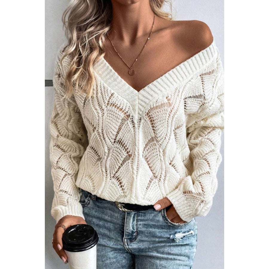 Openwork V-Neck Long Sleeve Sweater Ivory / S Apparel and Accessories