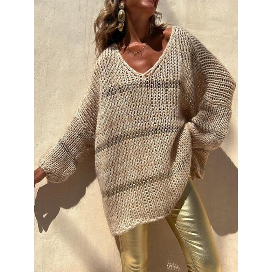 Openwork V-Neck Long Sleeve Sweater Pastel Yellow / S/M Clothing