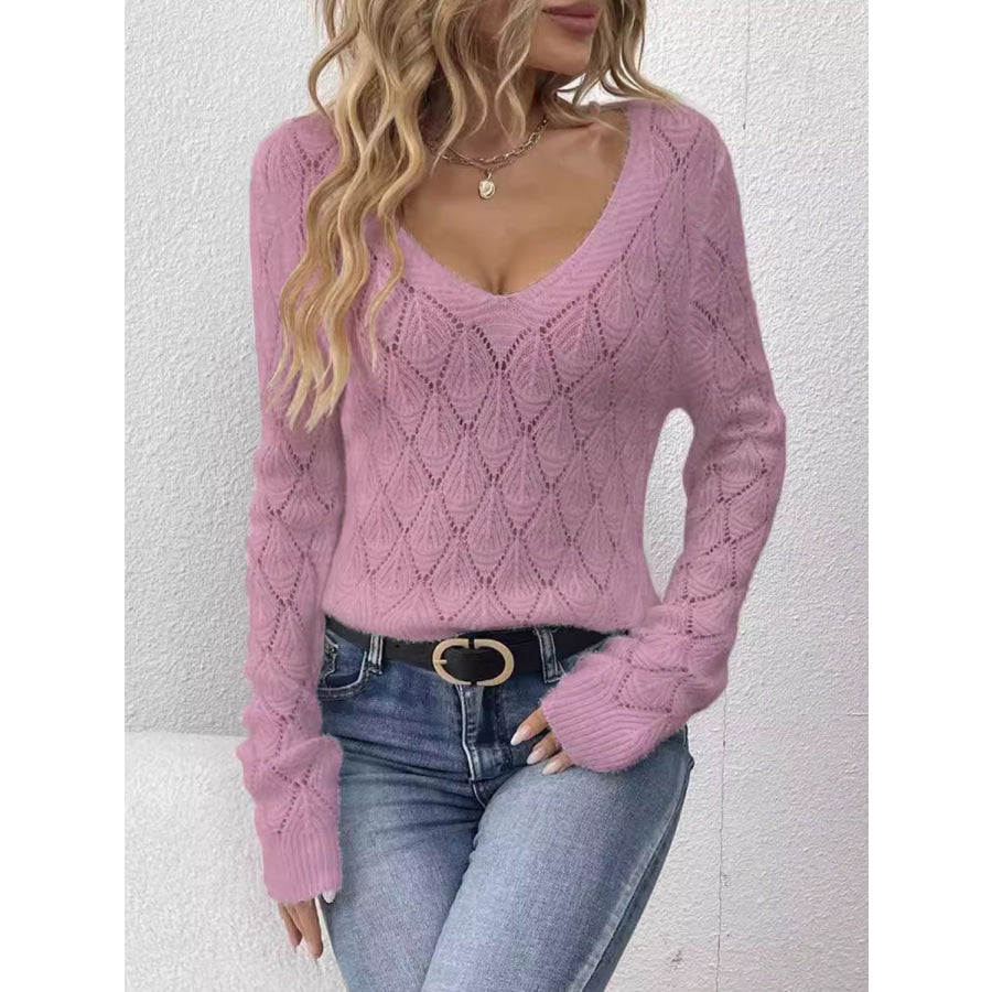 Openwork V-Neck Long Sleeve Sweater Pink Purple / One Size Apparel and Accessories