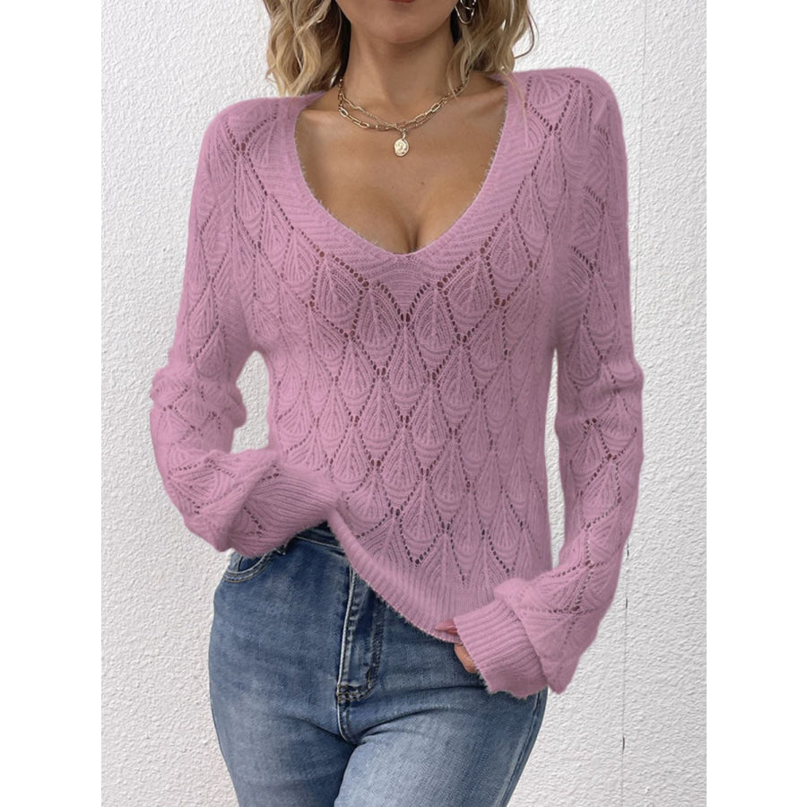 Openwork V-Neck Long Sleeve Sweater Pink Purple / One Size Apparel and Accessories