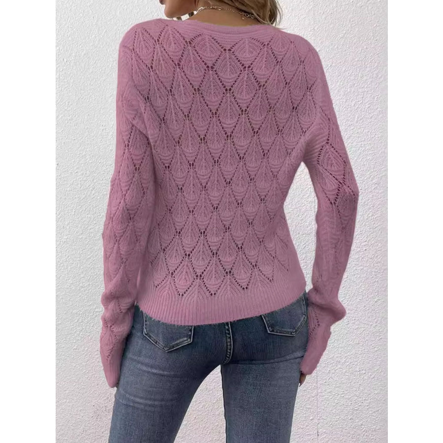 Openwork V-Neck Long Sleeve Sweater Pink Purple / One Size Apparel and Accessories