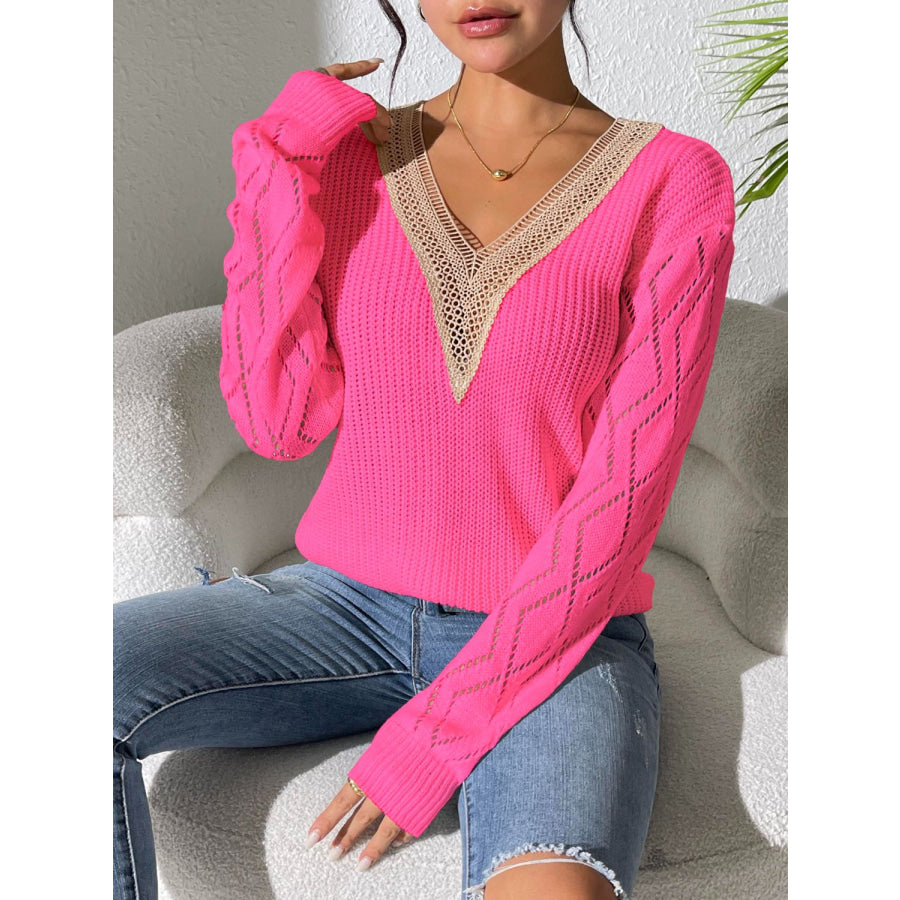 Openwork V-Neck Long Sleeve Sweater Strawberry / S Apparel and Accessories