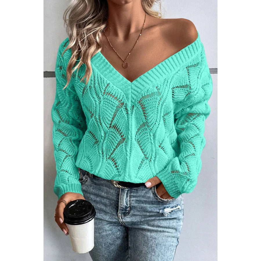 Openwork V-Neck Long Sleeve Sweater Turquoise / S Apparel and Accessories