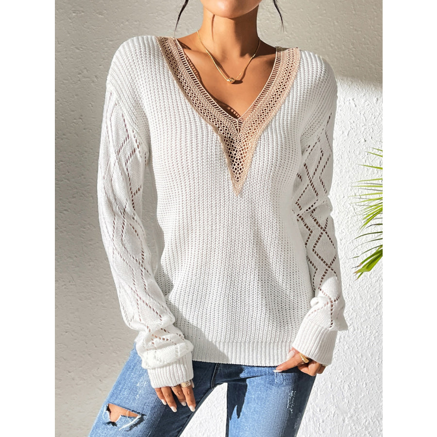 Openwork V-Neck Long Sleeve Sweater White / S Apparel and Accessories