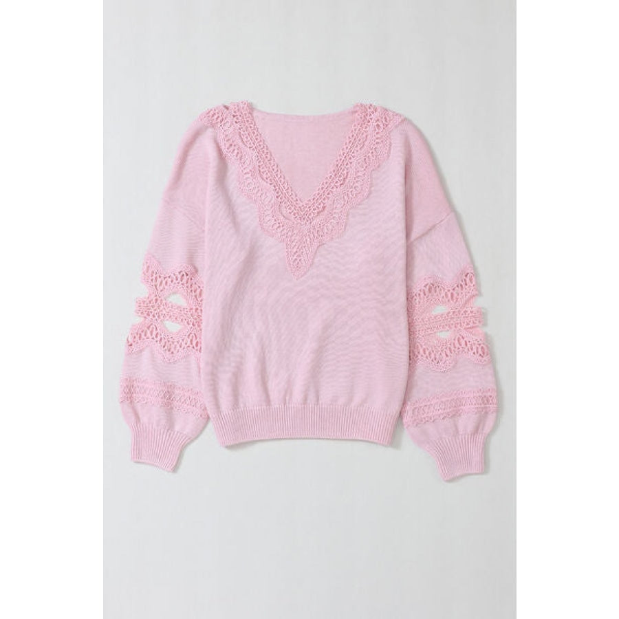 Openwork V-Neck Raglan Sleeve Sweater Carnation Pink / S Clothing