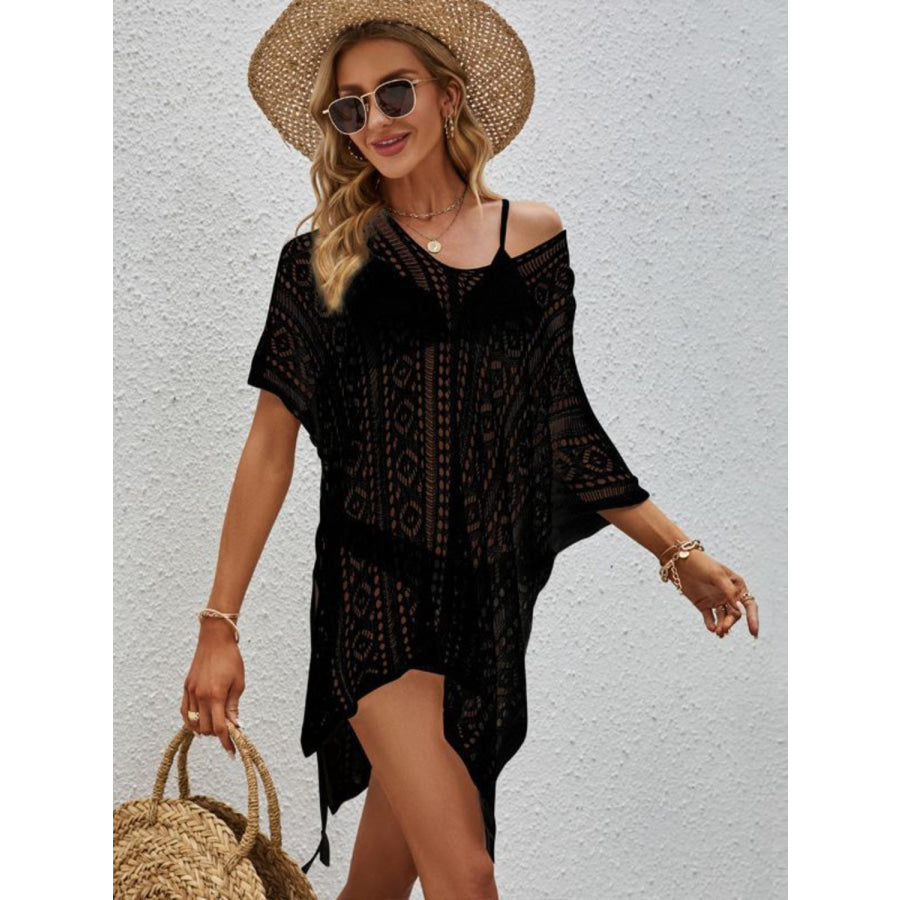 Openwork V - Neck Short Sleeve Cover Up Black / One Size Apparel and Accessories