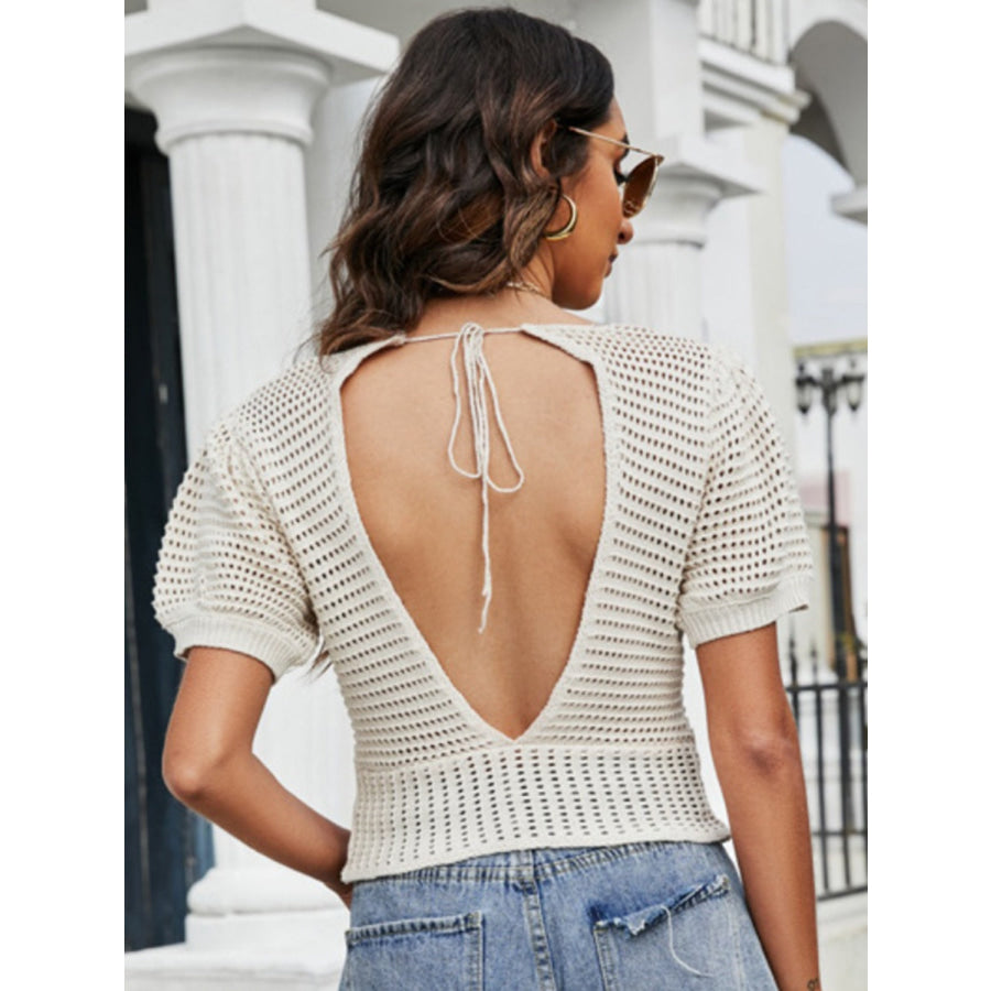 Openwork V - Neck Short Sleeve Knit Top Cream / S Apparel and Accessories