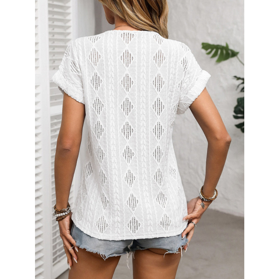 Openwork V-Neck Short Sleeve T-Shirt Apparel and Accessories