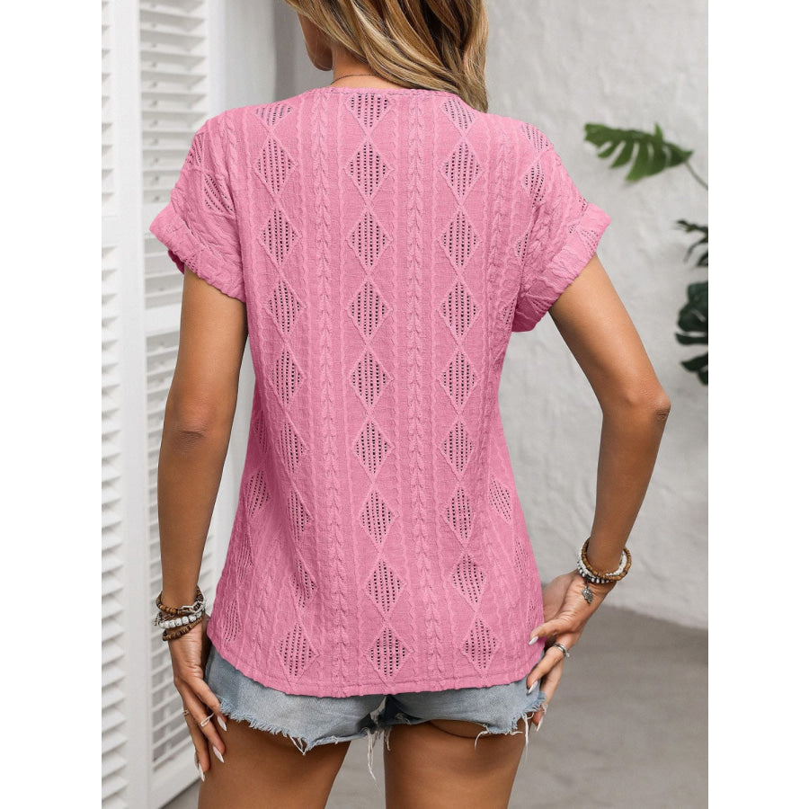 Openwork V-Neck Short Sleeve T-Shirt Apparel and Accessories