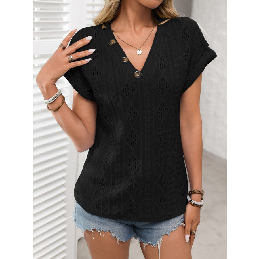 Openwork V-Neck Short Sleeve T-Shirt Apparel and Accessories