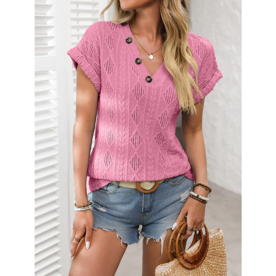 Openwork V-Neck Short Sleeve T-Shirt Apparel and Accessories