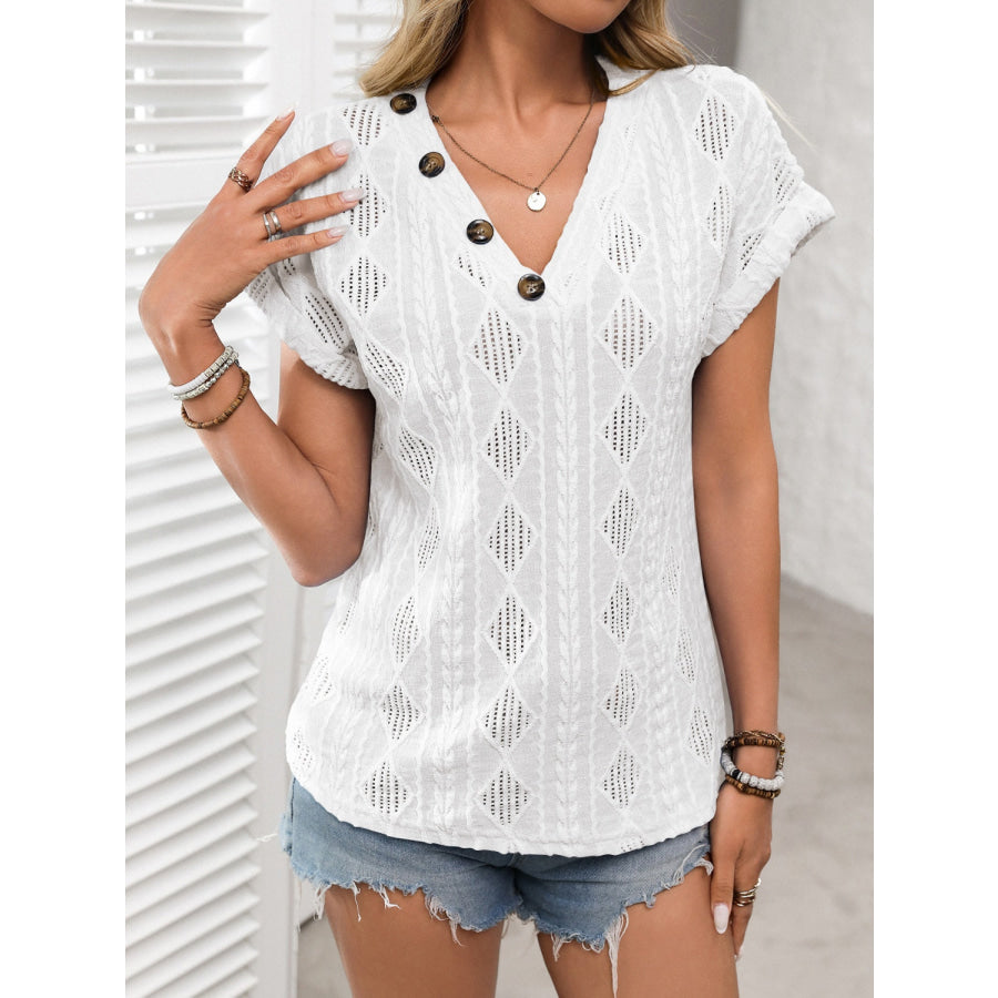 Openwork V-Neck Short Sleeve T-Shirt Apparel and Accessories