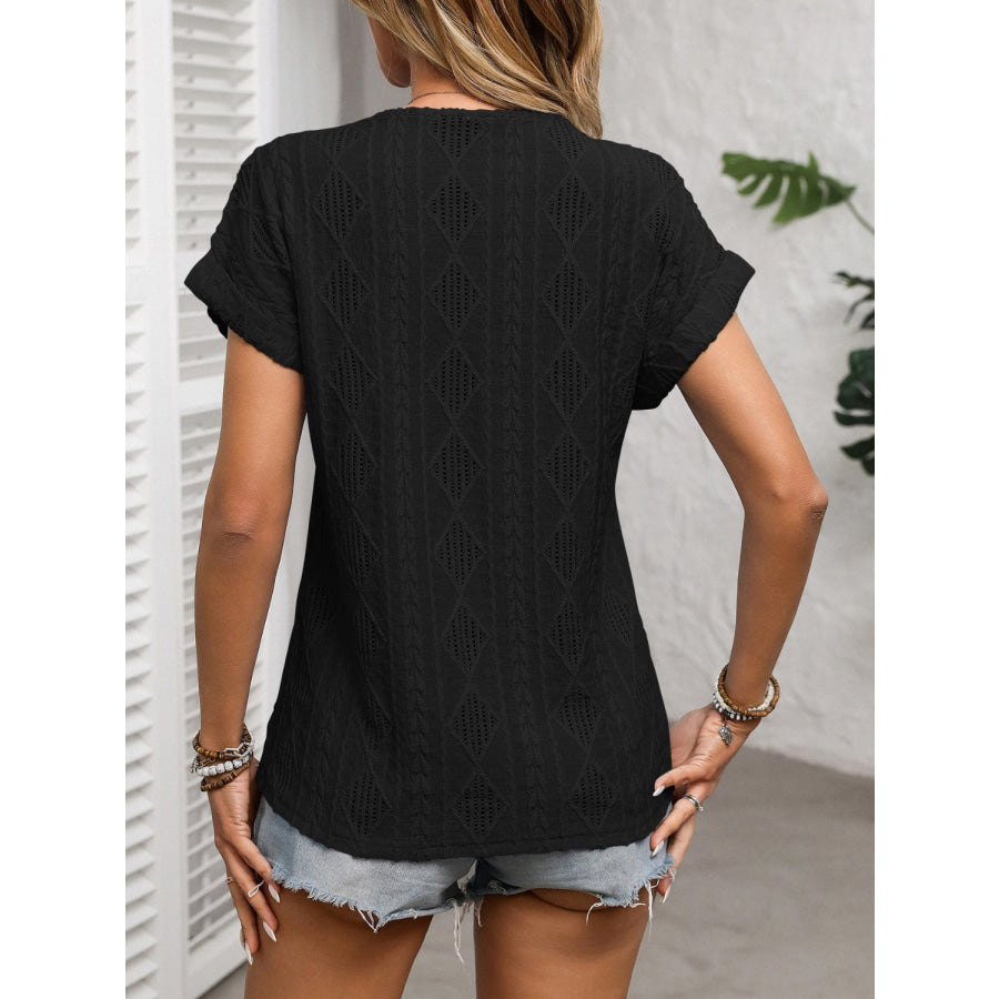 Openwork V-Neck Short Sleeve T-Shirt Apparel and Accessories