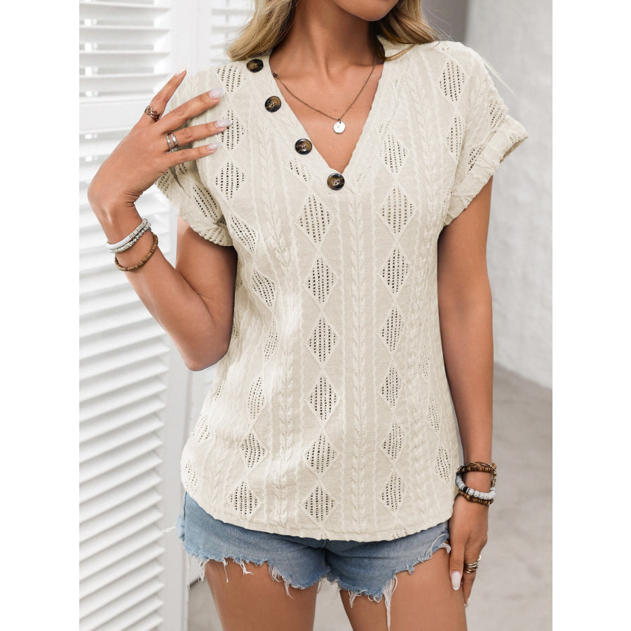 Openwork V-Neck Short Sleeve T-Shirt Dust Storm / S Apparel and Accessories