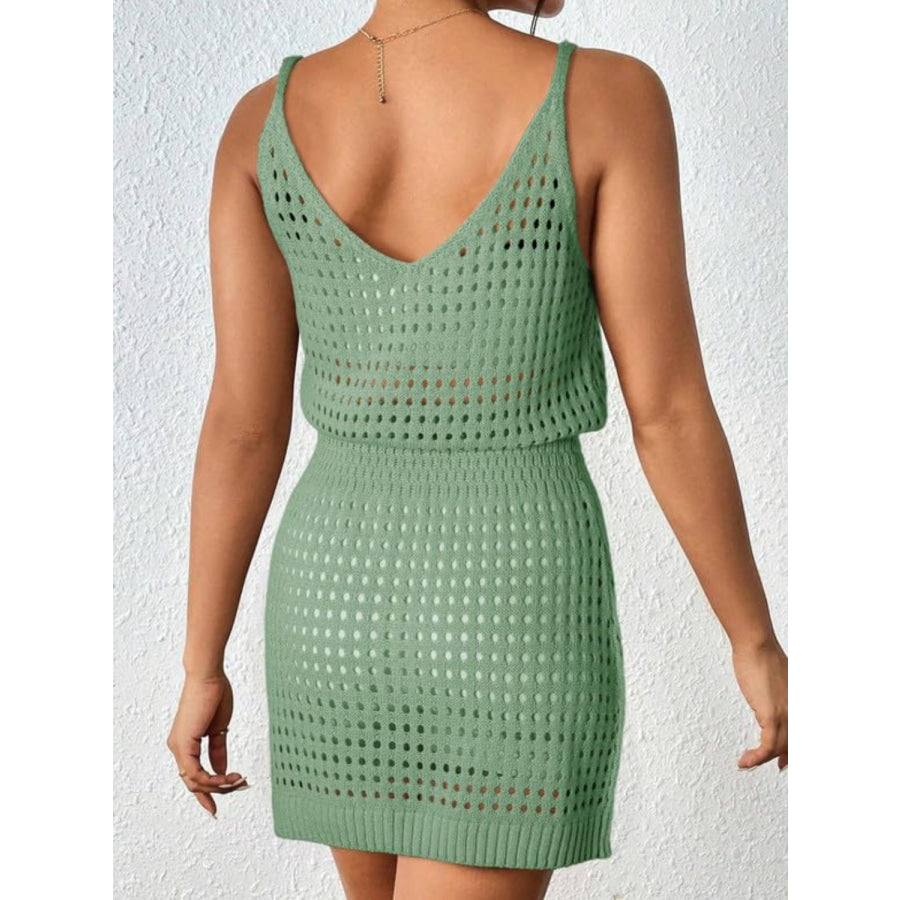 Openwork V-Neck Sleeveless Cover Up Dress Gum Leaf / S Apparel and Accessories