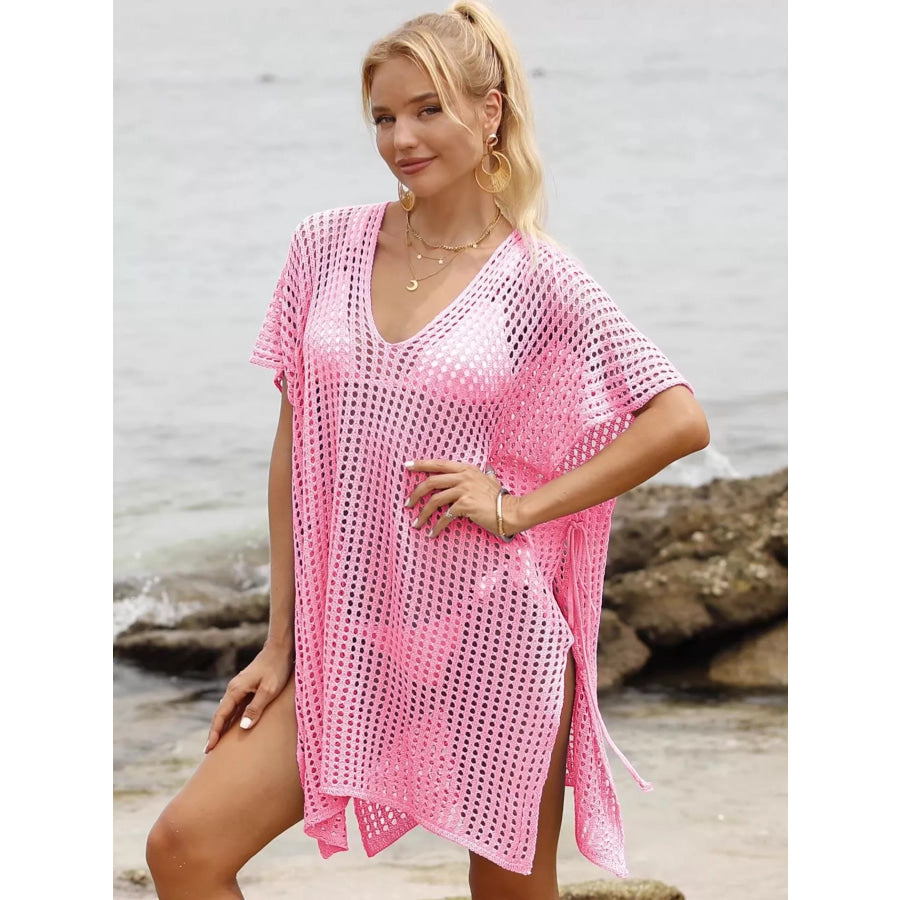 Openwork V-Neck Slit Cover-Up Apparel and Accessories