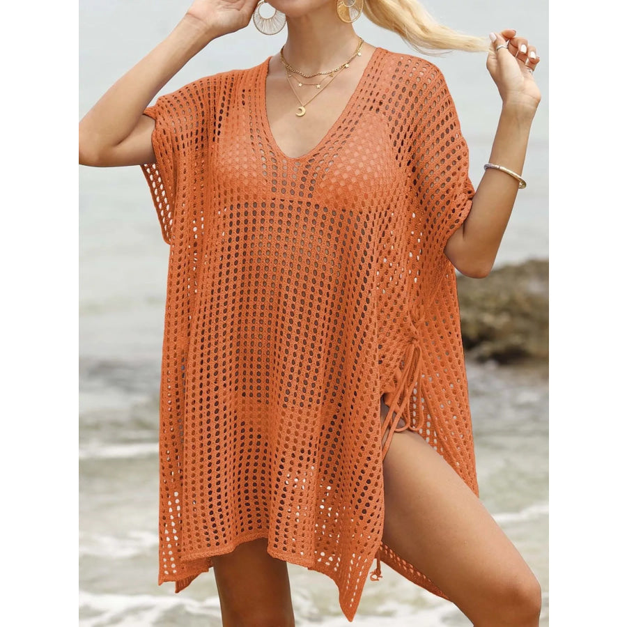 Openwork V-Neck Slit Cover-Up Apparel and Accessories