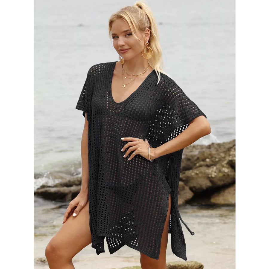 Openwork V-Neck Slit Cover-Up Black / One Size Apparel and Accessories