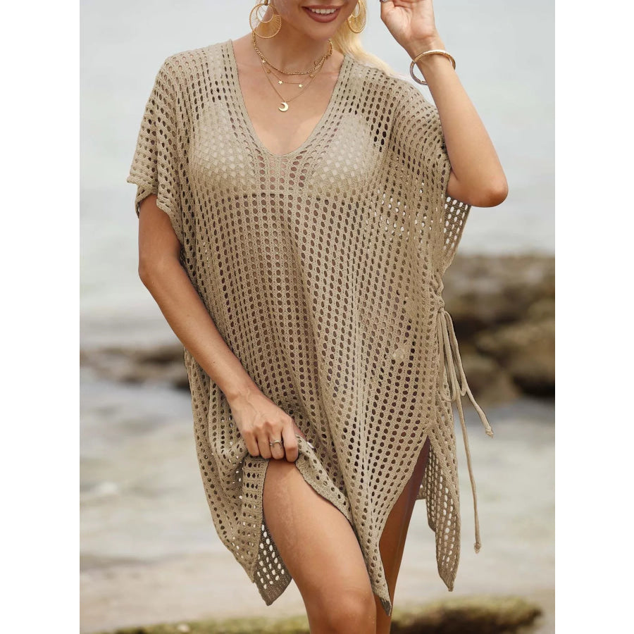 Openwork V-Neck Slit Cover-Up Khaki / One Size Apparel and Accessories