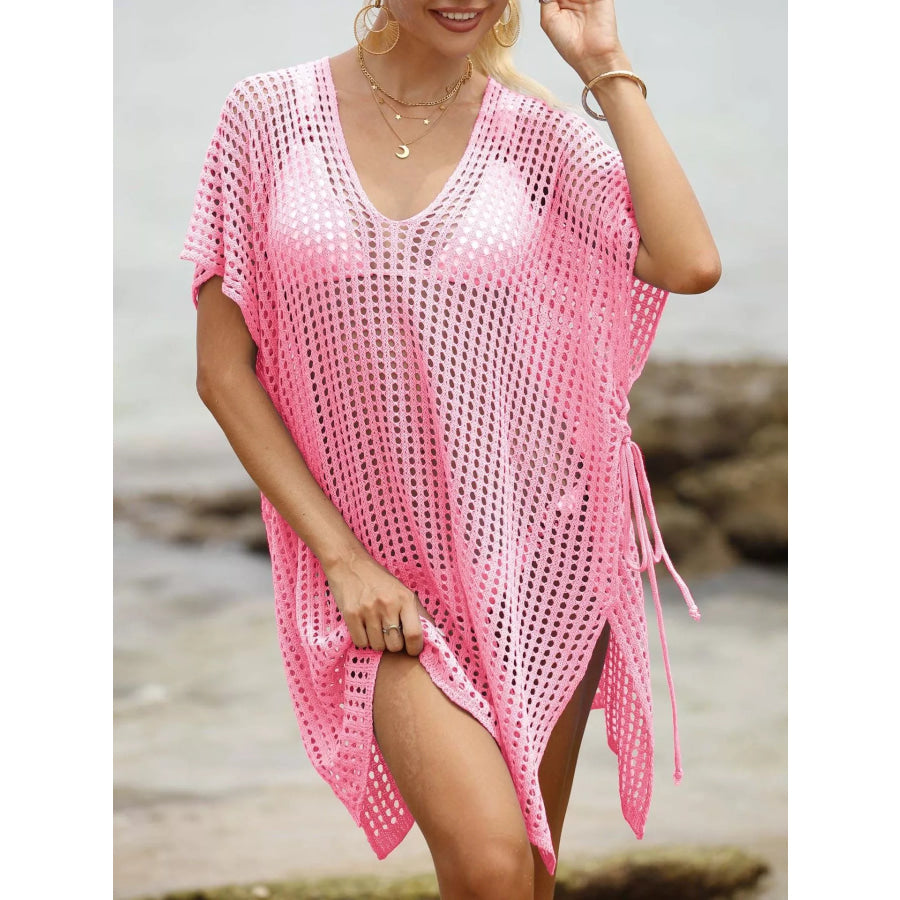 Openwork V-Neck Slit Cover-Up Pink / One Size Apparel and Accessories