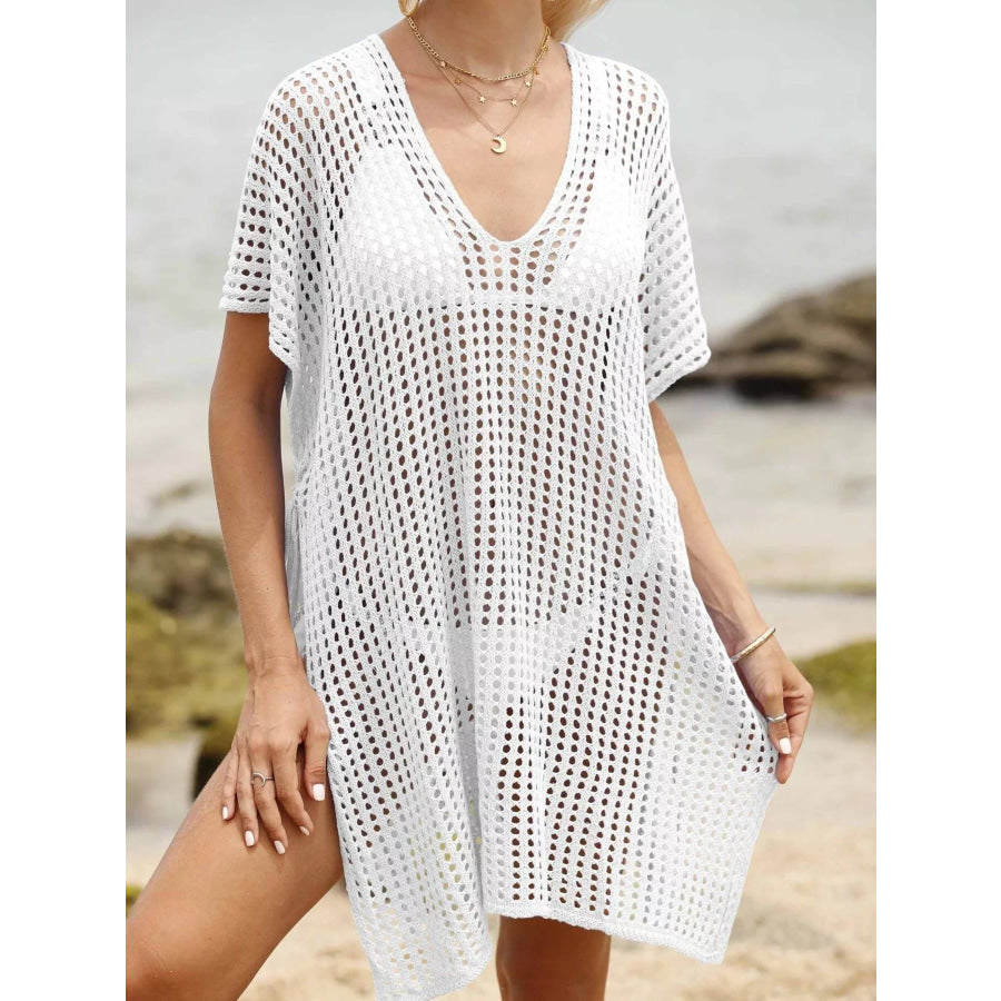 Openwork V-Neck Slit Cover-Up White / One Size Apparel and Accessories