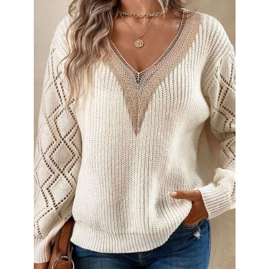 Openwork V-Neck Sweater Apparel and Accessories