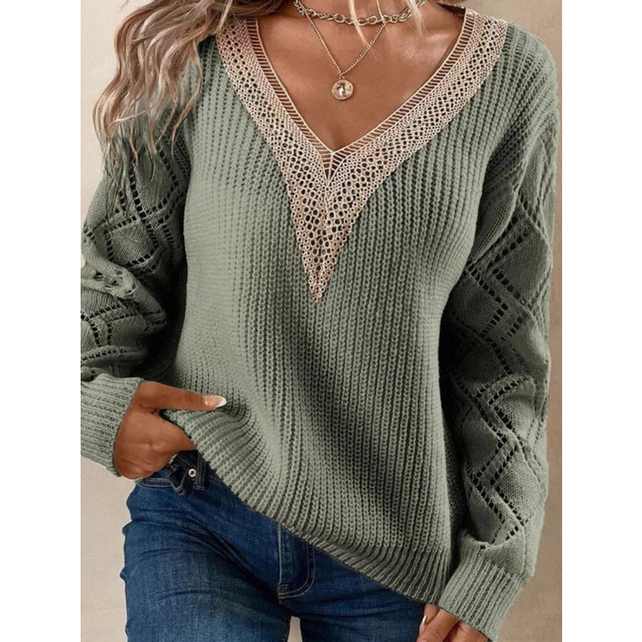 Openwork V-Neck Sweater Apparel and Accessories