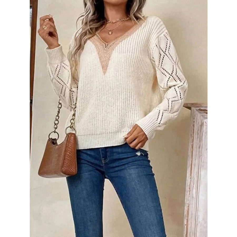Openwork V-Neck Sweater Beige / S Apparel and Accessories